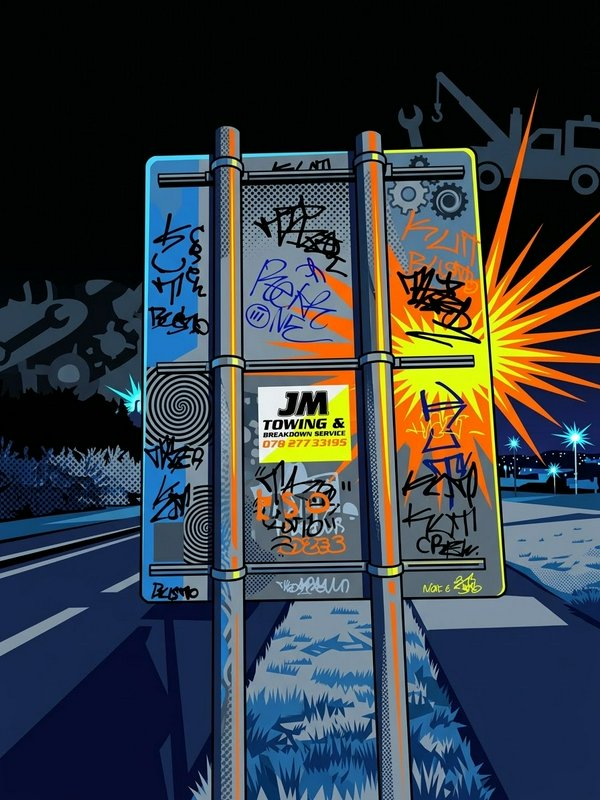 Heavily graffiti-tagged roadside towing sign stands beside a paved highway in a stylized night scene