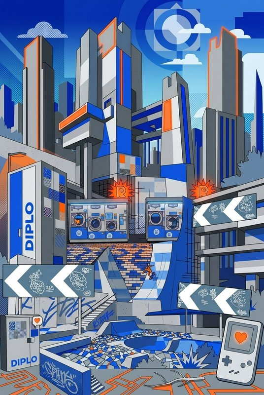 Surreal geometric futuristic skate plaza illustration with a tiny skateboarder, retro handheld game, and bold blue orange
