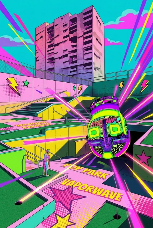 Surreal vaporwave mini golf course with floating glowing robot head and a lone golfer under neon streaked skies