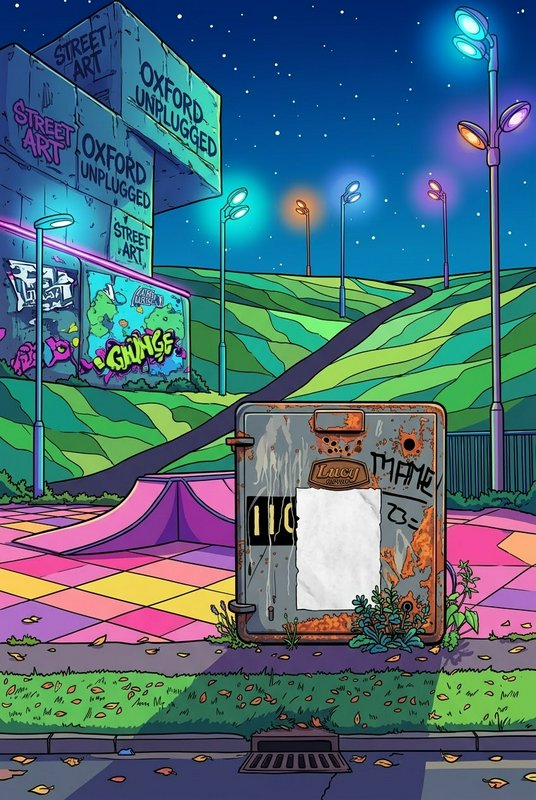 Vibrant stylized cartoon night scene featuring a skate ramp, graffiti buildings, and glowing colorful street lights under a