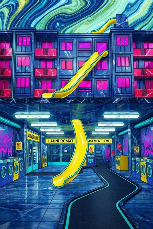 Bright yellow slide connecting an apartment building rooftop to a neon-lit basement laundromat