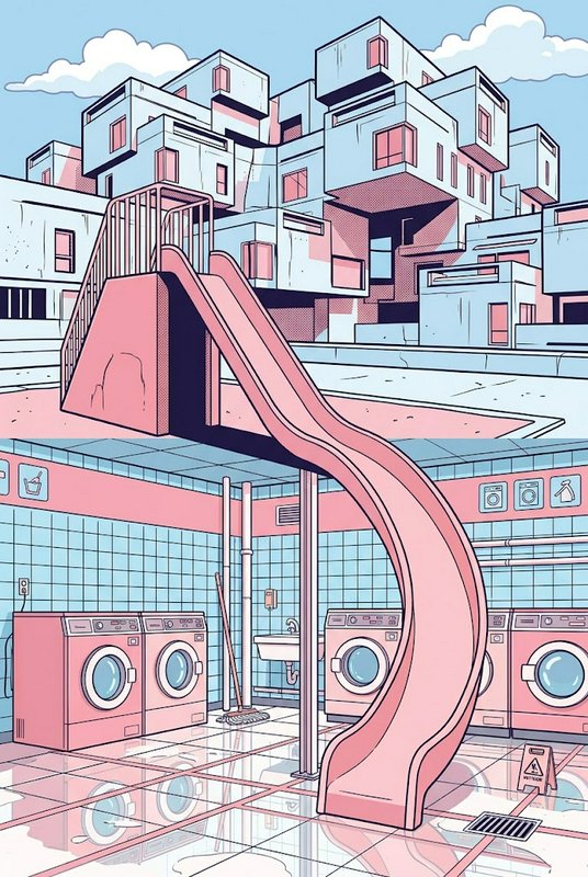 Curved pink playground slide extends from a brutalist apartment rooftop down into an indoor laundry room