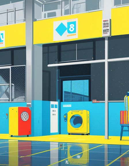 Stylized retro laundromat bay 8 with bold yellow and blue accents and front loading laundry machines