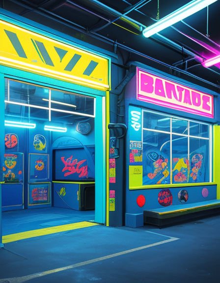 Vibrant neon-lit retro arcade storefronts inside an industrial indoor venue
