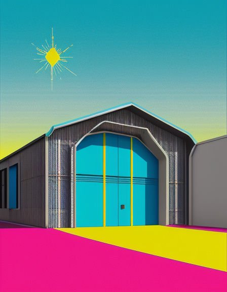 Surreal stylized illustration of an industrial warehouse with a geometric starburst sun above vivid colored ground