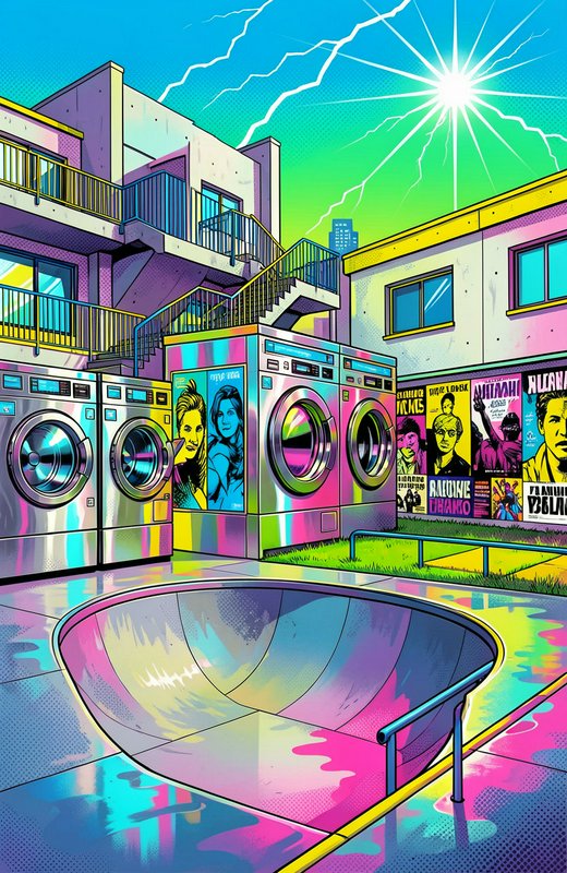 Surreal pop art apartment courtyard with skate bowl, laundry machines, and bright neon storm sky
