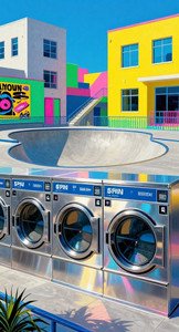 Row of stainless steel washing machines sit in front of a colorful outdoor skate park under a bright clear blue sky