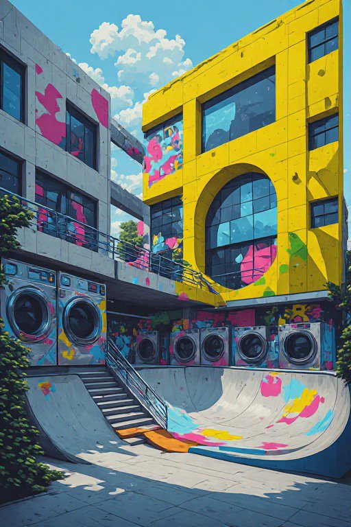 Surreal graffiti-splashed apartment courtyard with integrated skate ramp and giant washing machines under bright blue sky