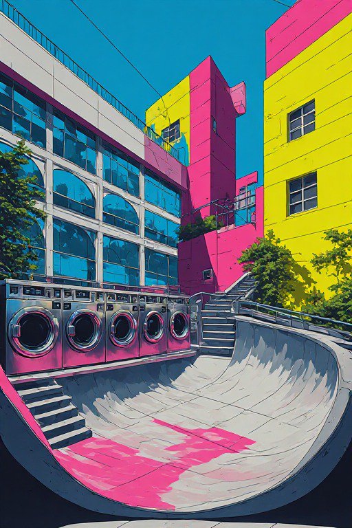 Surreal bright urban courtyard with a concrete skate ramp, row of laundry machines, and bold colored apartment buildings