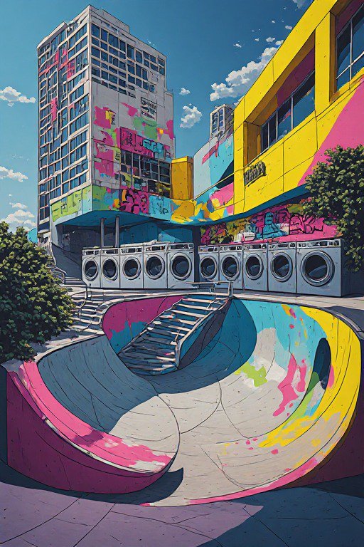 Surreal illustrated urban skate plaza bordered by washing machines beneath graffiti covered high rise buildings