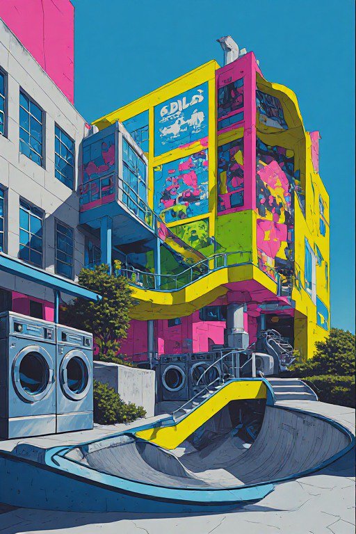 Surreal distorted bright colored apartment building with integrated washing machines under a vivid clear blue sky