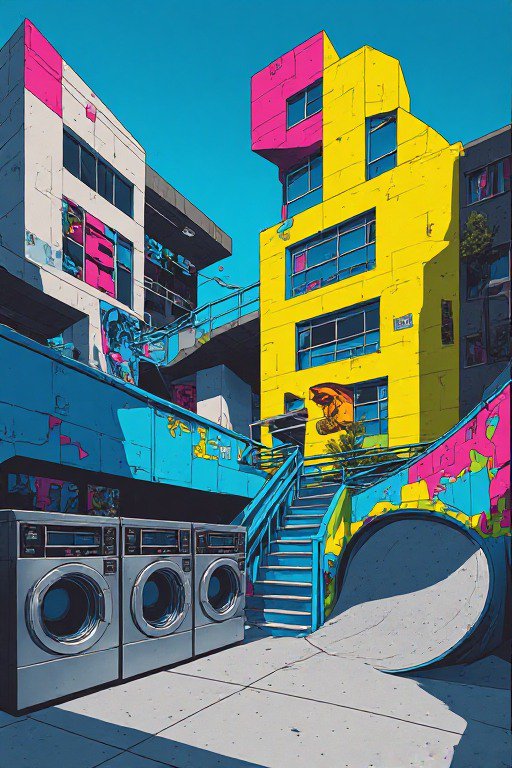 Bold graphic illustration of a neon colorful urban apartment courtyard with laundry machines and street art