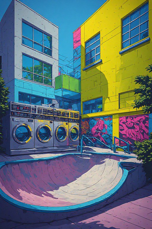 Vibrant stylized illustration of a residential courtyard with a skate bowl, laundry machines and colorful graffiti