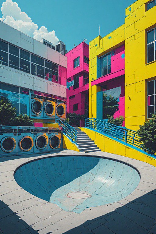 Surreal vibrant courtyard featuring a skate bowl and laundry machines built into bright colored apartment buildings