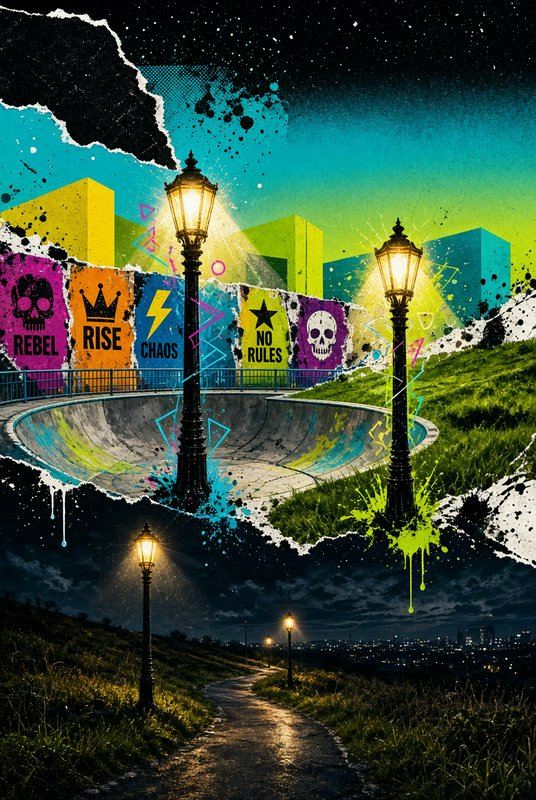 Surreal torn paper collage contrasting a graffiti skate bowl with a wet night footpath lined with glowing street lamps