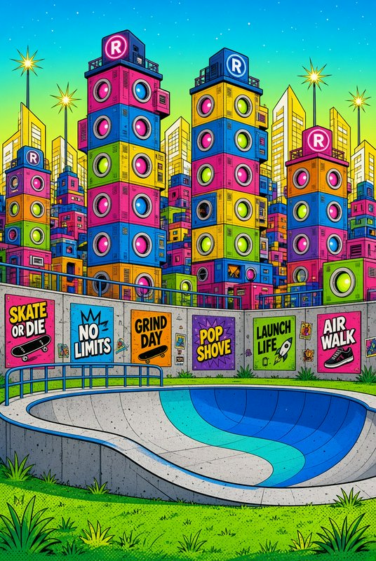 Sunken skate bowl sits in front of a vibrant multicolored futuristic cartoon city skyline