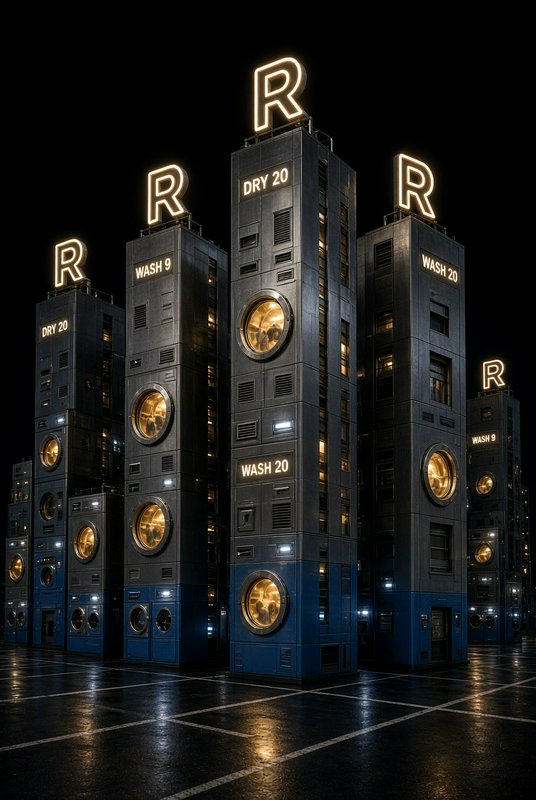 Surreal towering laundry machine skyscrapers stand in a wet paved plaza under a dark night sky