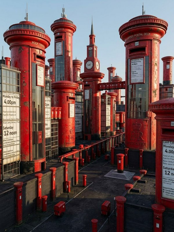 Surreal fantasy cityscape built entirely from giant weathered red British Royal Mail post boxes