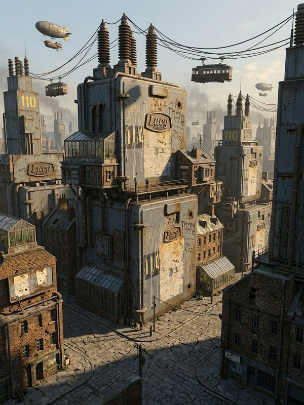 Surreal steampunk city built from giant rusted refrigerators with floating airships and suspended cable trams