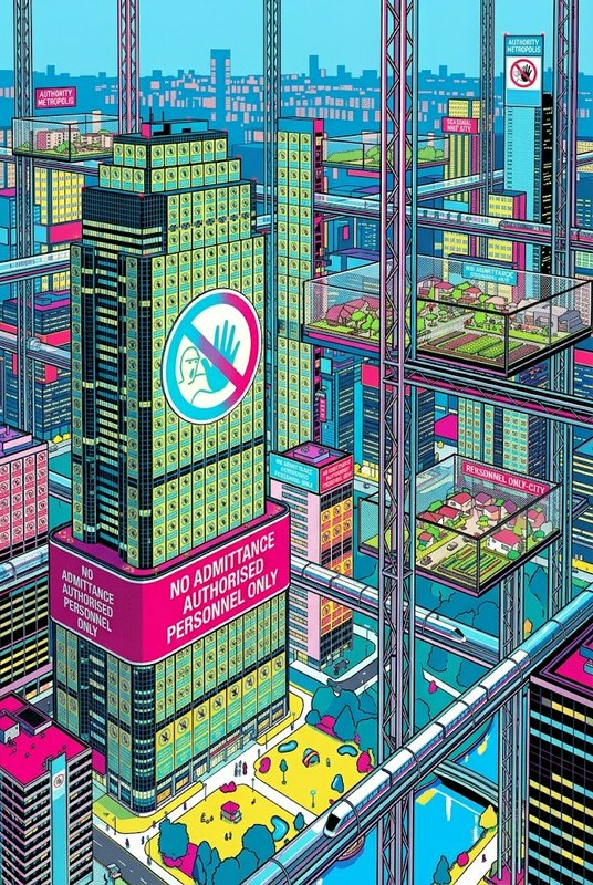 Bright retro-futuristic dystopian city with restricted skyscrapers, floating residential pods, warning signs