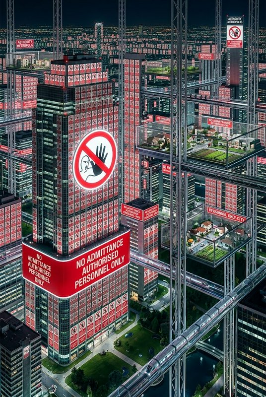 Dystopian authoritarian night metropolis covered in no admittance signs with floating residential pods and elevated monorail