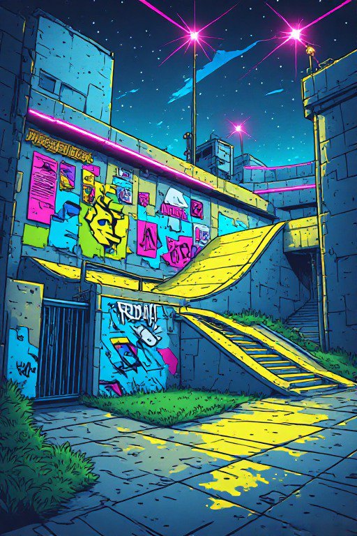 Comic style cyberpunk skate park with neon lights, graffiti ramps under a starry night sky