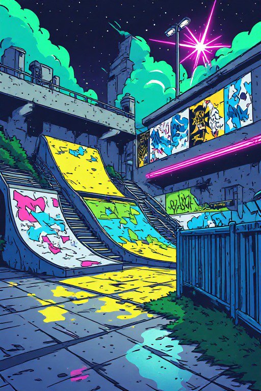 Graffiti-covered urban skate park lit by neon lights under a starry night sky, drawn in retro anime style