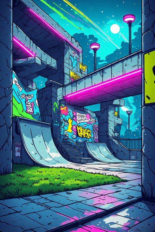 Vibrant neon-lit graffiti skate park set under concrete overpasses on a starry moonlit night