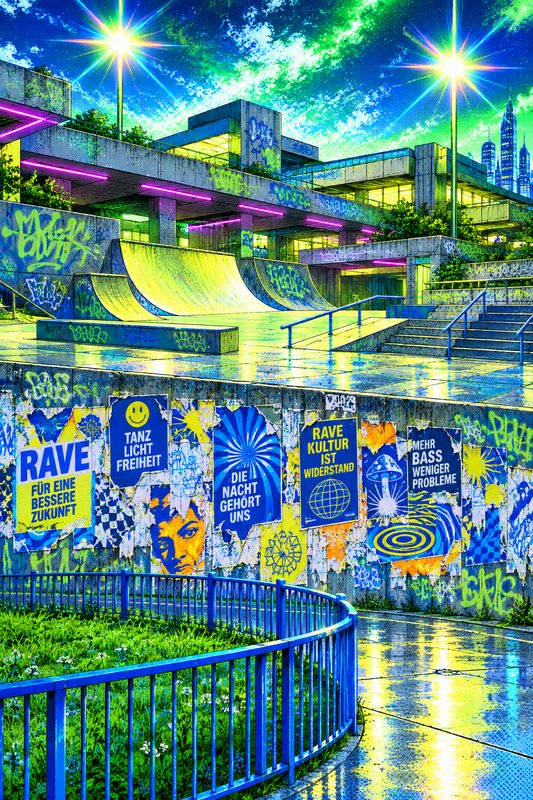 Vibrant cyberpunk skatepark covered in rave posters, graffiti, and neon lighting under a stylized bright sky
