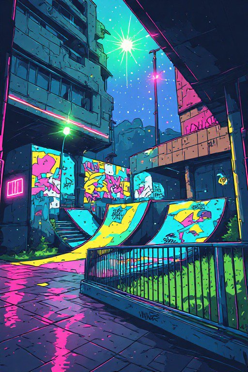 Neon lit graffiti-covered urban skate park between derelict buildings under a starry night sky