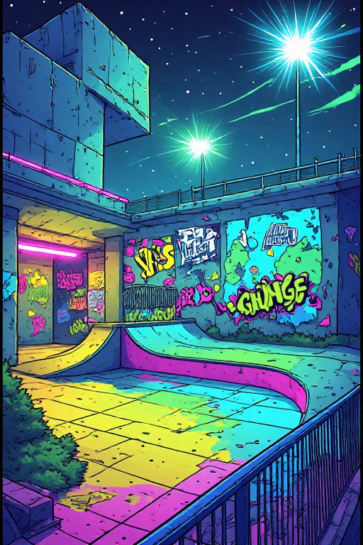 Vibrant neon-lit graffiti covered skatepark with concrete ramps under a starry night sky