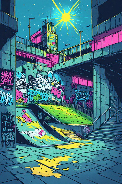 Bold comic illustration of a graffiti-covered DIY urban skate park under a concrete city overpass