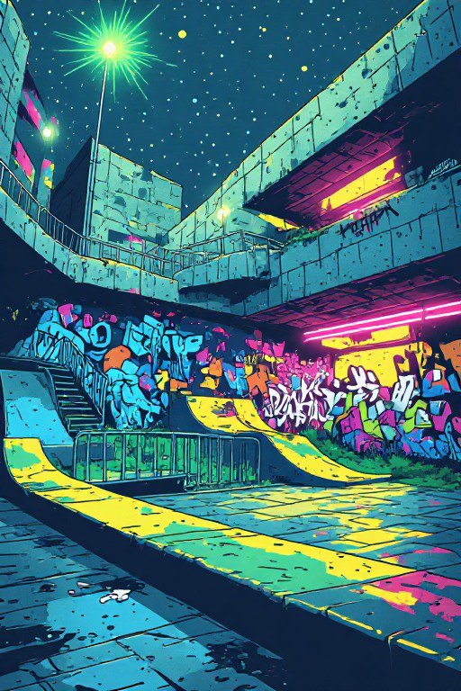 Neon lit abandoned skate park covered in graffiti under a starry night sky