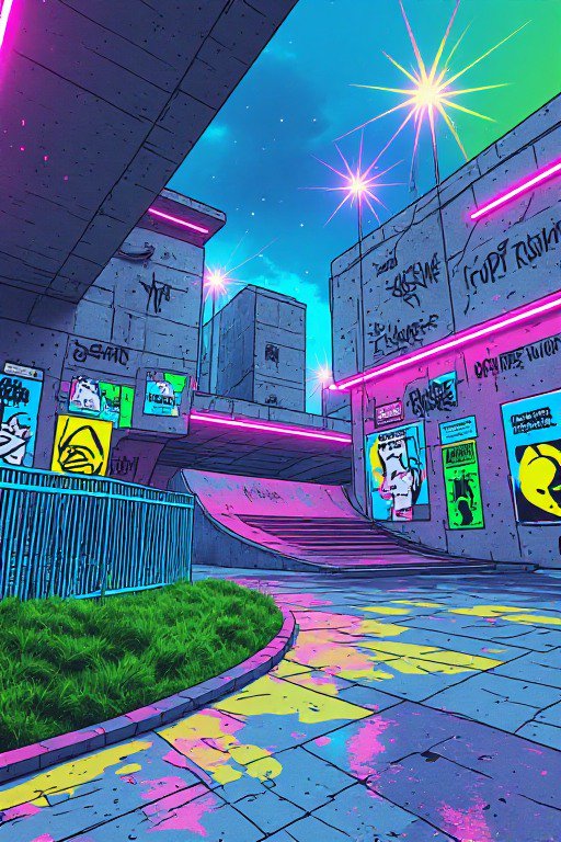 Neon cyberpunk skate park with graffiti covered concrete buildings and glowing pink accent lighting
