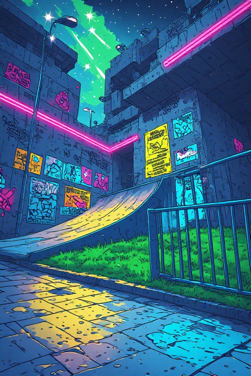 Neon-lit anime skatepark ramp sits in a graffiti covered urban alley under a starry meteor shower night sky