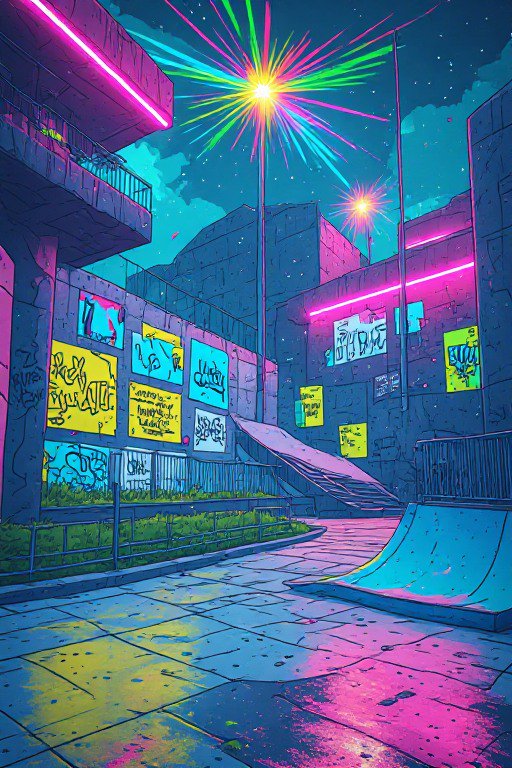 Neon lit urban skate park at night with graffiti, ramps, and glowing starburst streetlights under a starry sky