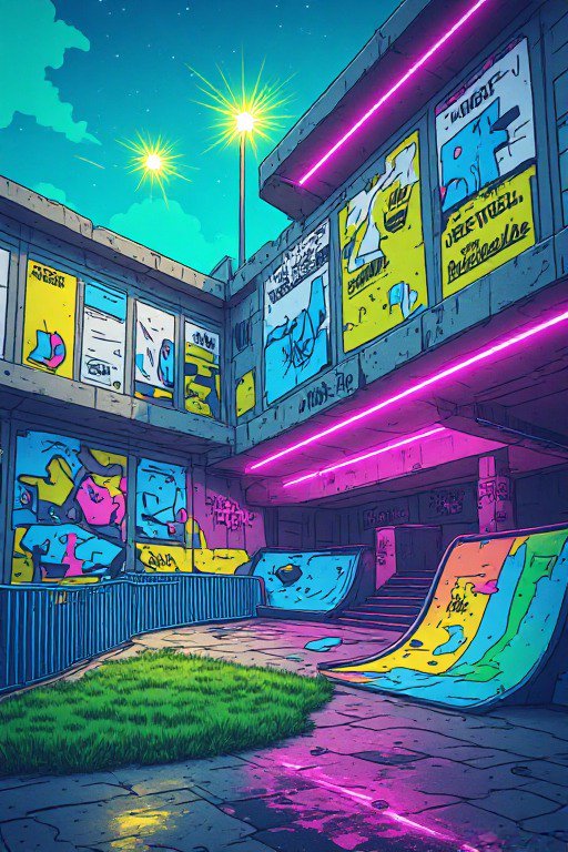 Vibrant illustrated abandoned skate park with neon lights, graffiti walls, and ramps under a teal starry dusk sky