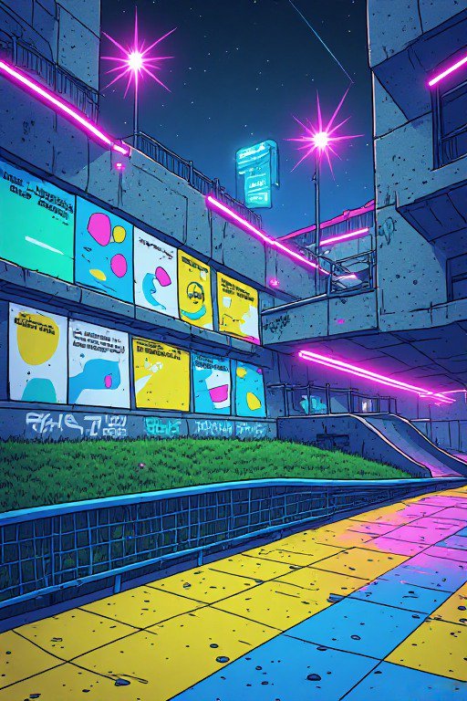 Anime-style cyberpunk residential alley at night lined with glowing pink neon lights and bold colorful billboards