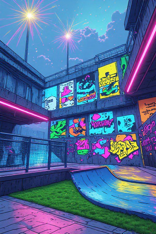 Stylized anime urban skatepark covered in bright graffiti, neon lights, and a half pipe under a twilight sky