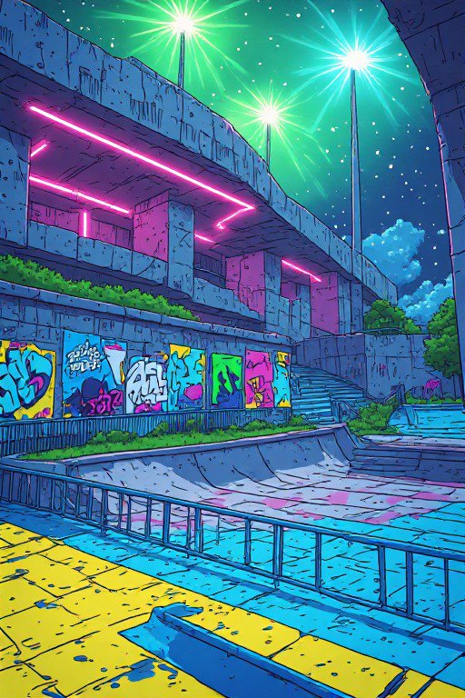 Retro anime style illustration of a neon lit graffiti covered urban skate park at starry night