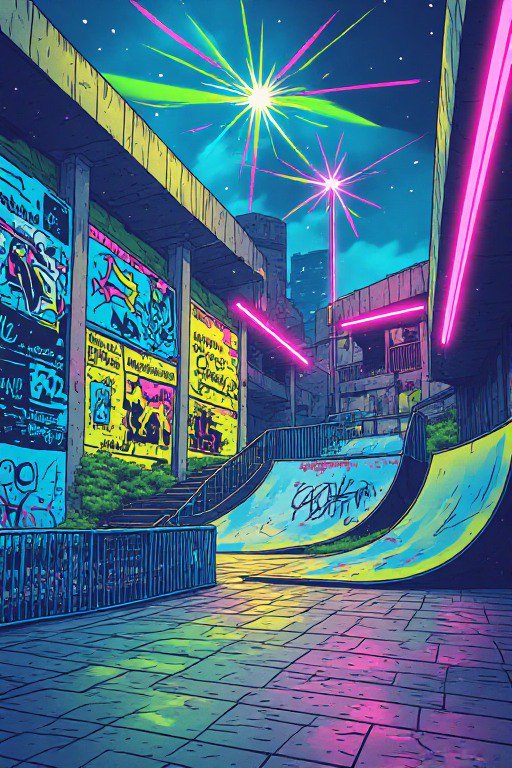 Neon lit graffiti-covered urban skate park under a starry night sky in retro anime style