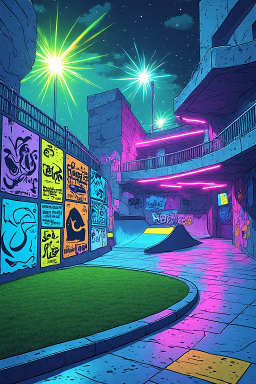 Neon lit anime-style urban skate park covered in street art under a starry night sky