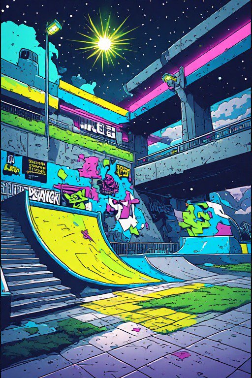 Vibrant stylized urban skate park covered in graffiti under a starry night sky