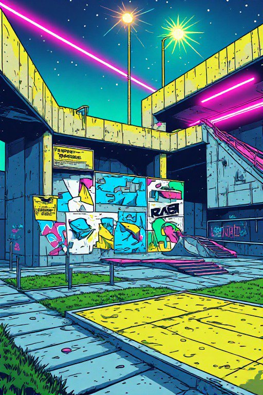 Bold comic style neon-lit graffiti covered urban underpass under a starry night sky