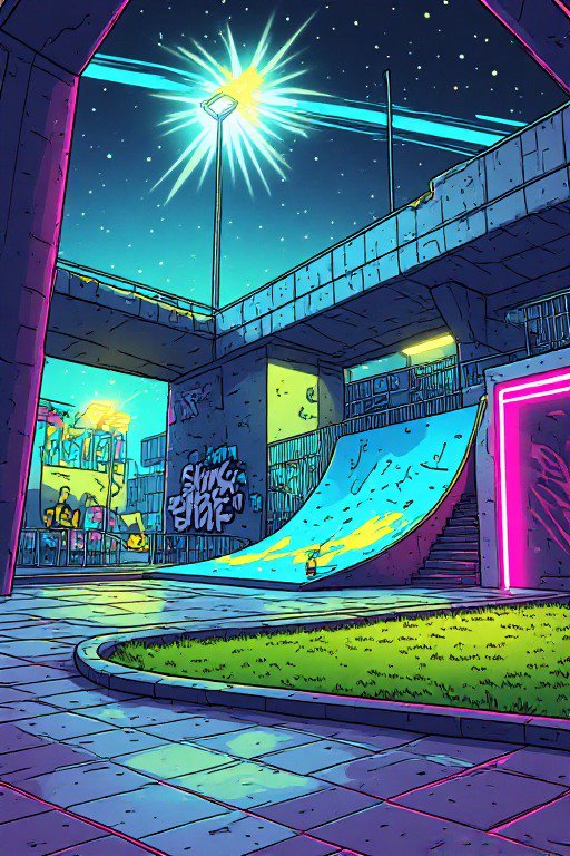 Vibrant neon lit illustrated skate park tucked under a concrete overpass on a starry night