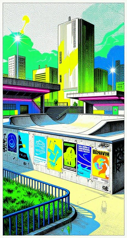 Vibrant pop art illustration of an urban skate park surrounded by colorful city high rise buildings