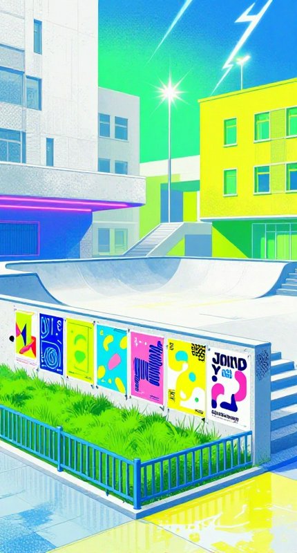 Vibrant retro-futuristic illustration of an urban skate park lined with colorful abstract posters under a bright gradient sky