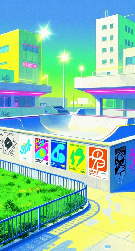 Bright vaporwave illustration of a sunlit urban skate park lined with street art and colorful city buildings