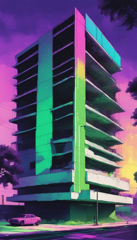 Unfinished brutalist apartment tower against a vibrant gradient purple-pink twilight sky
