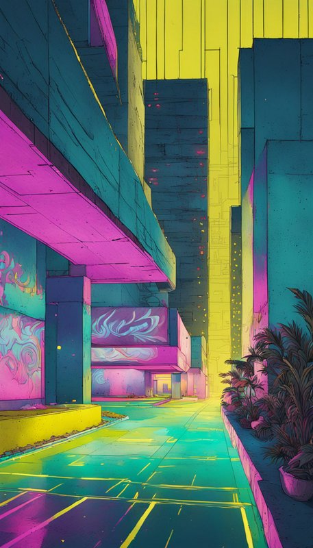 Neon cyberpunk city alley lined with graffiti skyscrapers and potted tropical plants under a glowing yellow sky